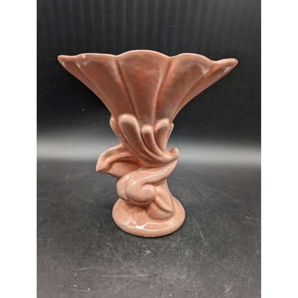 Vintage Gonder Pottery Fan Vase Pink Glazed Sculptural Mid Century Modern Decor